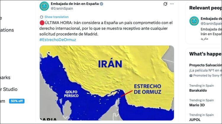 Captura de pantalla de la cuenta en X de la Embajada de Irán en España.