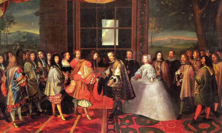 Painting by Jacques Laumosnier of the meeting between Louis XIV and Philip IV on the Isle of Pheasants in 1659. / Public domain / Jacques Laumosnier - http://www.altesses.eu/imgmax/2d82273f8e.jpg