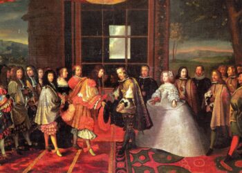 Cuadro de Jacques Laumosnier de la entrevista entre Luis XIV y Felipe IV en la Isla de los Faisanes en 1659. / Dominio público / Jacques Laumosnier - http://www.altesses.eu/imgmax/2d82273f8e.jpg