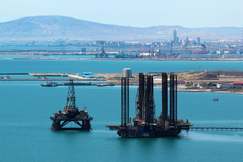 Oil platform off the coast of the Caspian Sea near Baku, Azerbaijan.