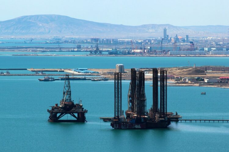 Oil platform off the coast of the Caspian Sea near Baku, Azerbaijan.