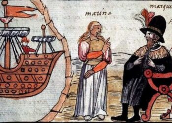 La Malinche speaks with Hernán Cortés, illustration in Historia de las Indias de Nueva España e islas de la tierra firme, by Diego Durán / Copyright under license Creative Commons Attribution.