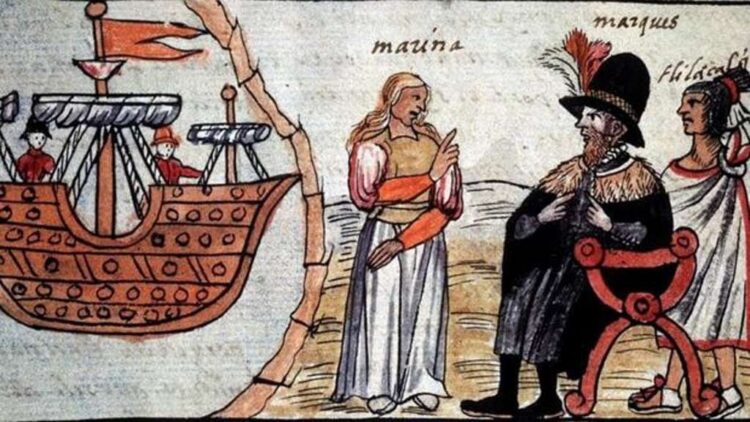 La Malinche speaks with Hernán Cortés, illustration in Historia de las Indias de Nueva España e islas de la tierra firme, by Diego Durán / Copyright under license Creative Commons Attribution.