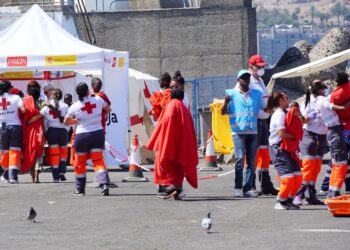 Inmigrantes atendidos en el puerto de Arguineguín./ Foto: Canary4stock / iStock