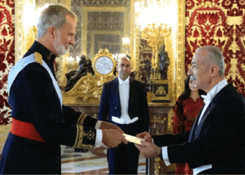 The ambassador of Palestine, Husni Abdel Wahed, presenting his credentials on 28 May 2024. /Photo: Casa real