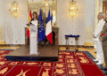 The French ambassador, Kareen Rispal, before the Spanish defense minister, Margarita Robles, at the presentation of the prestigious decorations to the Spanish military