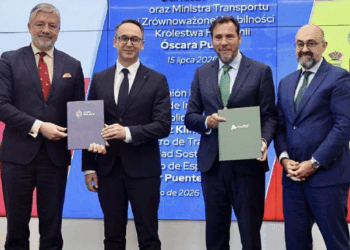 El ministro de Transportes y Movilidad Sostenible, Óscar Puente, junto a Dariusz Klimczak, ministro de Infraestructuras de Polonia (a su derecha) y otros protagonistas de las infraestructuras polacas