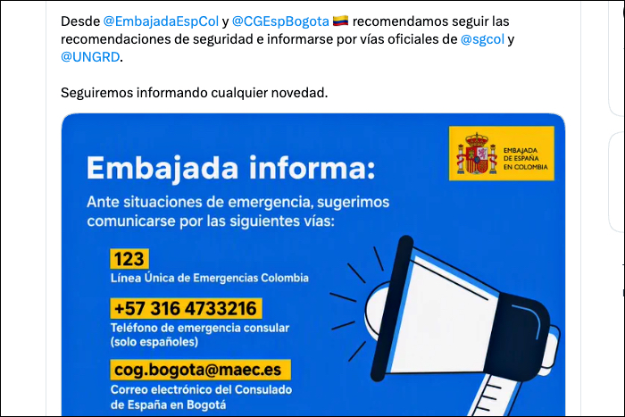 El Consulado General de España en Bogotá pendiente de si hay españoles afectados