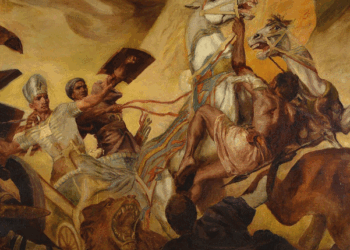 Ramesses II fights in the battle of Kadesh. Oil by Carl Oderich. 1907
