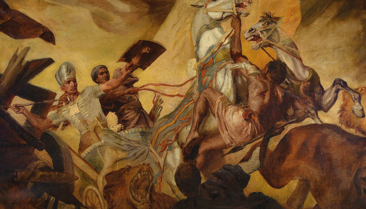 Ramesses II fights in the battle of Kadesh. Oil by Carl Oderich. 1907