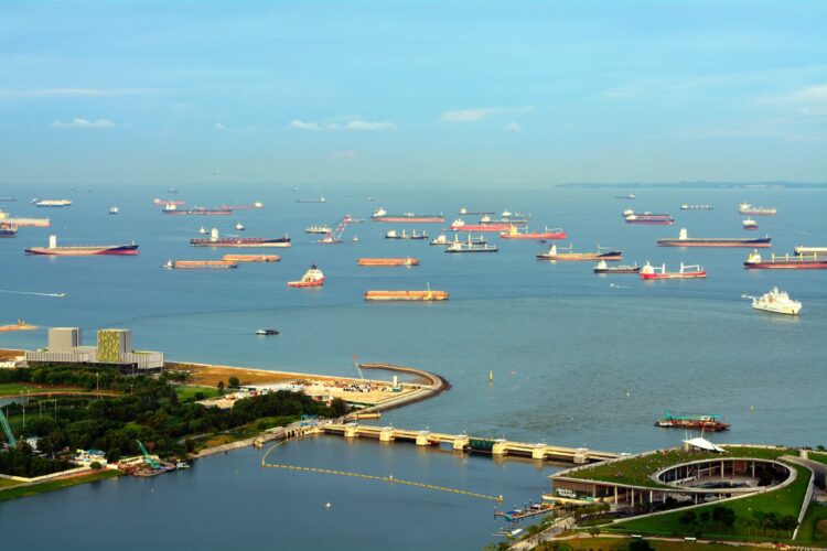 Cargo ships anchored off the port of Singapore, at the entrance to the Strait of Malacca. / Photo: HIT1912 / iStock